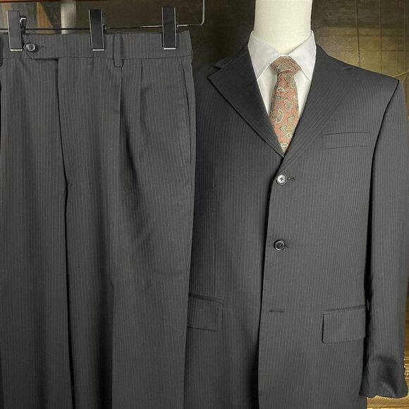 Oscar De La Renta 40L 34 x 30 100% Wool Perfect Press 2Pc‎ Black Pinstriped Suit